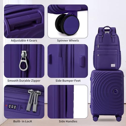 LARVENDER Expandable Carry On 3 Piece Luggage Set with Backpack 20 Inch - color: Grape Purple, style: 3 Piece Sets
