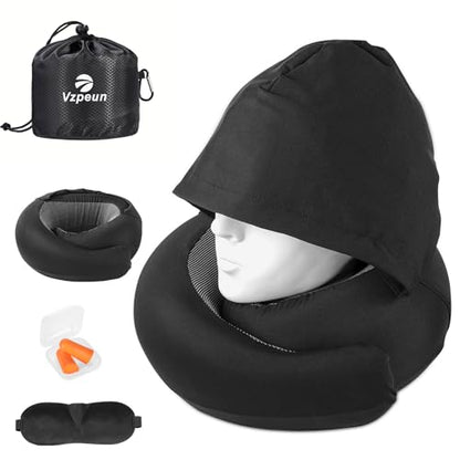 Travel Pillow - Hooded Neck Pillow Airplane Memory Foam Filling - color: Black