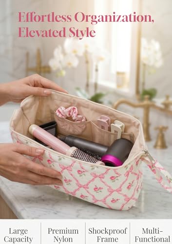 TeeYee Hair Tools Travel Bag for Dyson Airwrap Quilted Toiletry Bag - color: Pinkbow-boho