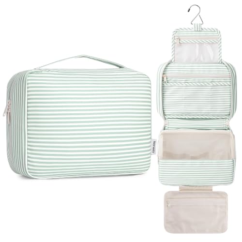 Narwey Hanging Travel Toiletry Bag for Women, Large Makeup Cosmetic Bag - color: B-Mint Green Stripe
