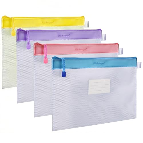 Wisdompro Zipper Pouch, 4 Pack Waterproof Mesh File Bag, Document Organizer - color: Blue/Purple/Yellow/Pink
