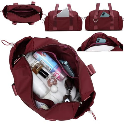Everyday Mini Gym Bag for Women 2.0, Small Tote with Zipper Compartment Waterproof Travel Duffle Cute Handbag Workout Carry On with Removeable Shoulder Strap & Coin Wallet Easy to Clean-Wine - color: Wine