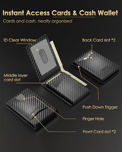 2026 Wallet for Men - RFID Blocking [Functional & Practical] Bifold Slim Minimalist Credit Card Holder Pop Up Wallet Metal Case with Cash Slot, Front Pocket with ID Window, Gift Boxed (Carbon Fiber) - color: Carbon Fiber