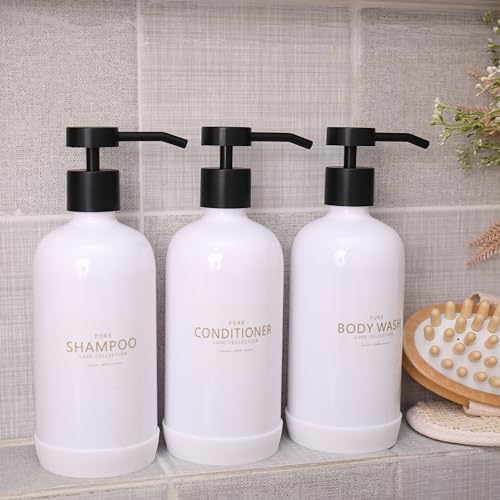 Shampoo and Conditioner Dispenser Set of 3 - color: White Bottles + Black Pumps