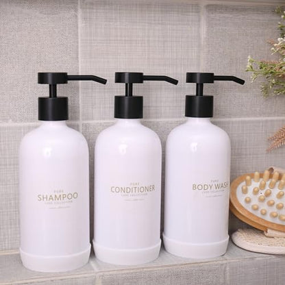 Shampoo and Conditioner Dispenser Set of 3 - color: White Bottles + Black Pumps