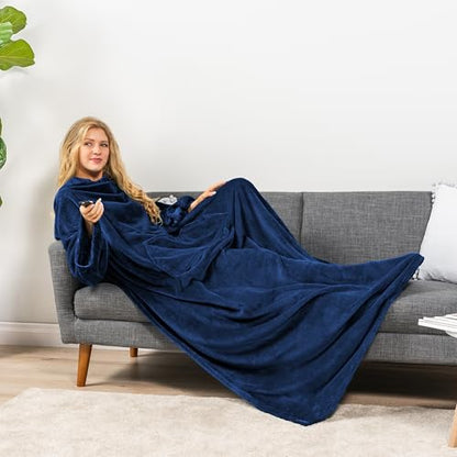 PAVILIA Blanket with Sleeves for Adult Women Men, Soft Warm Wearable Blanket Fleece Wrap Throw, Robe Blanket Gift - color: Navy