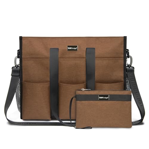 TOPDesign Utility Water Resistant Tote Bag with 22 Pockets, Zipper Closure - color: Brown, size: Large