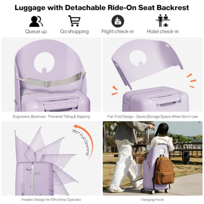 mixi 20 Inch Ride On Suitcase for Kids Luggage with Seat, Lilac Purple - color: Lilac Purple