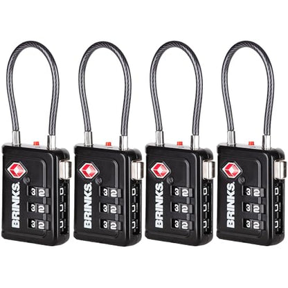 Brinks TSA Accepted Luggage Lock with 1.5" Long Cable Shackle, Black, 4Pack - color: Black, size: 1.5" Shackle