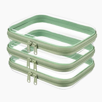 3-PCS Medium Clear Hard Shell Zipper Pouches, Clear Zipper Bags (3M, Green) - color: Green, size: 3M