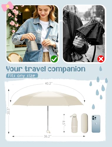 Jorilis Mini Compact Travel Umbrella with Case, Pocket Size UV Sun & Rain - color: Beige