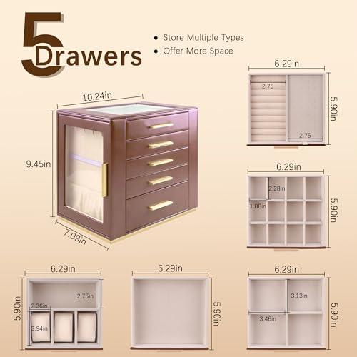 Homeanda Jewelry Boxes with Glass Lid, 5-Layer Large PU Leather, Brown - color: Brown, size: 5 Layer