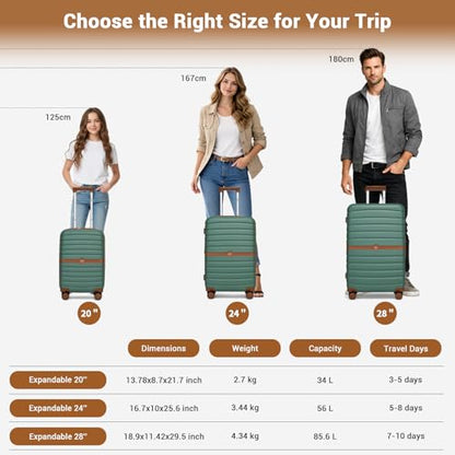 Kono Expandable 24 Inch Luggage with Spinner Wheels, Medium Checked Luggage with Lock, Lightweight & Anti-Scratch PC+ABS Hardshell Travel Suitcase, Green/Brown - color: Green/Brown, size: Checked-medium 24-inch