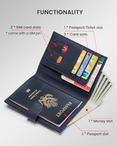 Karmiir RFID Passport Holder Travel Wallet for Women, Leather Passport Cover Wallet with Card Holders SIM Slots,Zippered Coins Pocket and Cash Slot Slim Compact Travel Wallet (Blue Black) - color: Blue Black