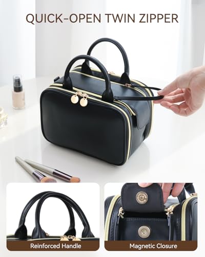 Prite Large Makeup Bag, Waterproof Travel Cosmetic Case with Brush Holder - color: Black, size: Medium