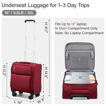 Hanke Underseat Carry On Luggage with Wheels, Small Suitcase, Rolling Bag - color: Burgundy, size: 16 Inch Underseat