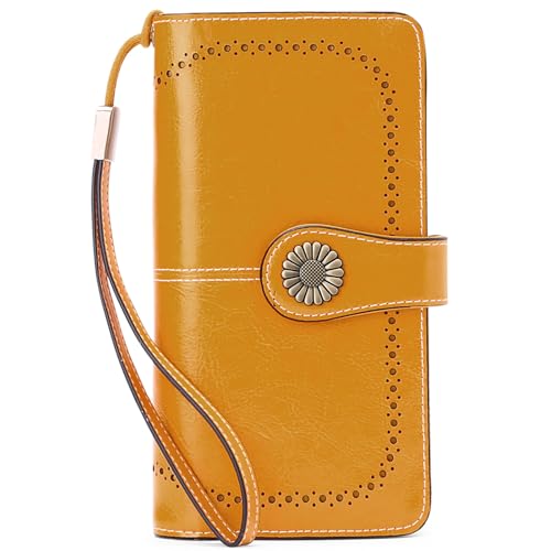 SENDEFN Wallets for Women Leather Credit Card Holder with RFID Blocking Large Capacity Wristlet - color: 1-Wax-Yellow