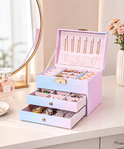 Homde Small Jewelry Box for Girls: 3-Layer Lockable Organizer (Blue-Pink) - color: Blue-Pink Gradient