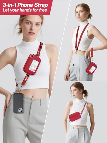 Tiostep Clip and Go Strap for Phone with Wallet Crossbody Phone Lanyard Adjustable and Detachable RFID Wristlet Wallet (Red, Medium) - color: Red, size: Medium