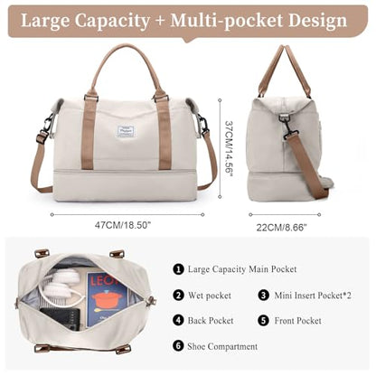 Weekender Bags for Women, Personal Item Travel Bag with Shoes Compartment - color: Beige & Brown, size: Large