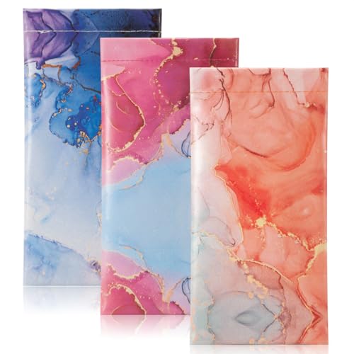 TRIUMPH VISION Eyeglass Case Glasses Case Soft Sunglass Pouch Sleeve 3 Pack - color: Pu Leather Marble Purple Blue Pink Gold