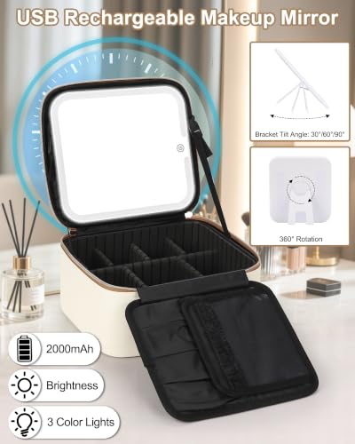Relavel Birthday Gifts for Women Teen Girls, Initial Makeup Bag with LED Mirror, Personalized Cosmetic Organizer with 3 Light Modes, Rechargeable Travel Bag with Compartment & Adjustable Dividers - D - style: D