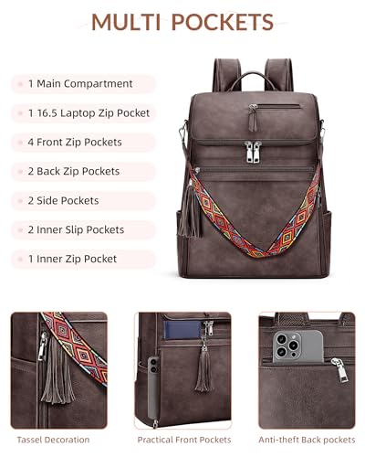 SYTRAH Leather Laptop Backpack for Women 16.5 inch Computer Packs Coffee - color: Dark Coffee