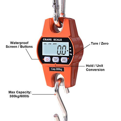 Fuzion Hanging Scale 660LB/300KG, Crane Scale with Snap-Fit Lifting Ring - color: Orange
