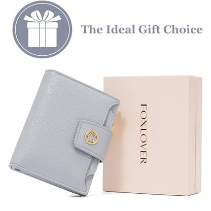 FOXLOVER Small Wallet for Women Soft Leather RFID Blocking Bifold Zipper Pocket Wallet Card Case Purse with ID Window - color: 01-Blue