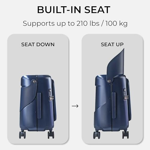MiaMily Carry On Plus Ride-On Luggage with Built In Seat for Kids & Adults - color: Navy Blue