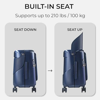 MiaMily Carry On Plus Ride-On Luggage with Built In Seat for Kids & Adults - color: Navy Blue