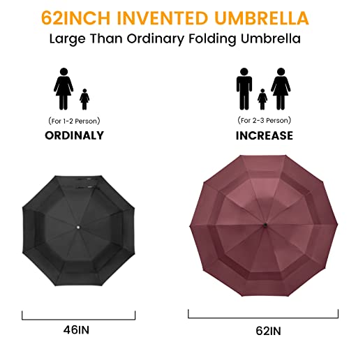 Prospo 46/62 Inch Large Travel Umbrellas for Rain Windproof, 10 Ribs Compact Reverse Folding Golf Umbrella, Double Canopy Automatic Open Close - color: Wine red, size: 62 inch
