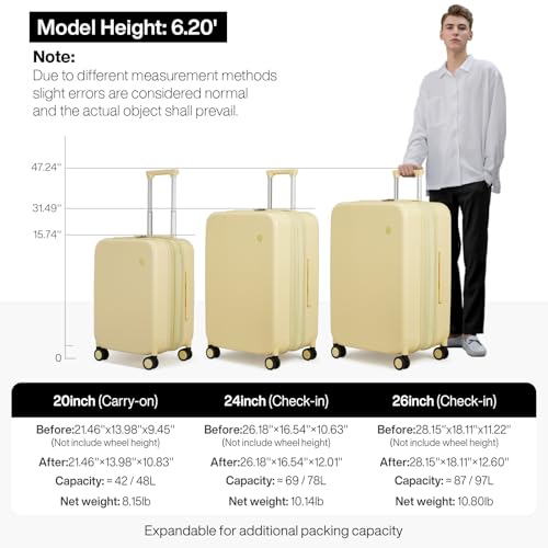 mixi 20 Inch Large Expandable Carry on Luggage Suitcase with Spinner Wheels, Hardside Rolling Travel Suitcase PC with TSA Lock, Lark Yellow - color: Lark Yellow, size: 20 Inch EXT