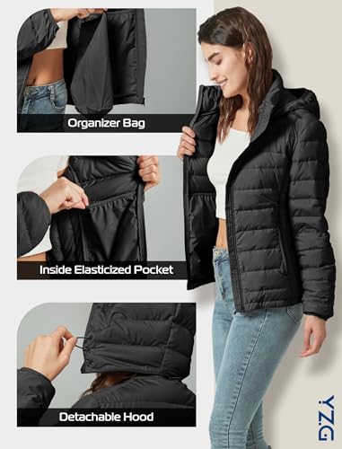 Packable Down Jacket Women Lightweight Quilted Puffer Coat Hooded Travel - color: Black, size: Large