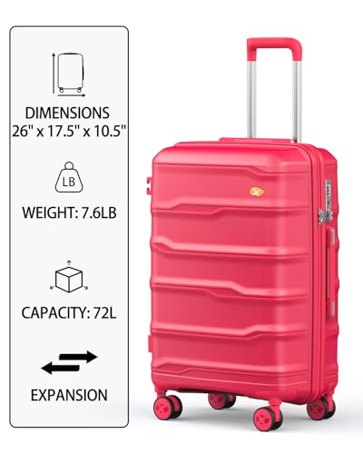 24 Inch Medium Checked Luggage, PC Hardshell Suitcase, Red | Lightweight Hardside Shell, TSA Lock, Double 360° Spinner Wheels - color: 0-Red, size: Checked-Medium 24-Inch