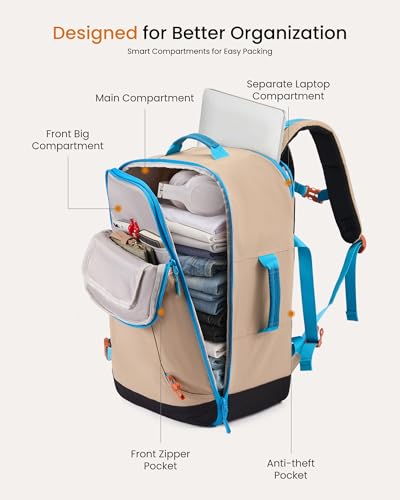 LOVEVOOK 40L Travel Backpack for Women & Men, Airline Approved Carry On Backpack with 3 Packing Cubes, TSA Personal Item Bag, Waterproof Weekender Overnight Backpack Fits 17" Laptop - color: Light Blue - Lake Blue - Black, size: Large-40L-4Pcs