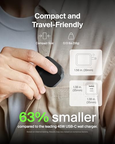Belkin 45W Compact USB C Charger Block, Fast Charging for Travel - color: Black, style: Single Pack