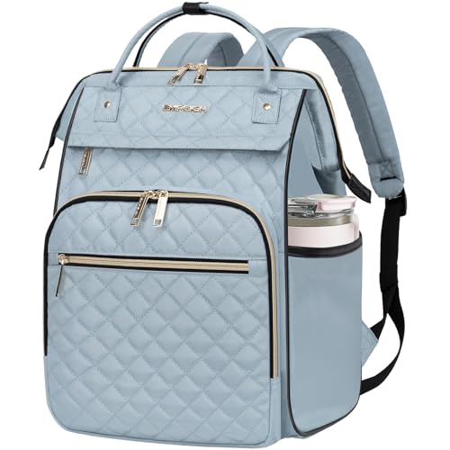EMPSIGN 17 Inch Laptop Backpack Women with Giant Tumbler Holder, Light Blue - color: Quilted Light Blue