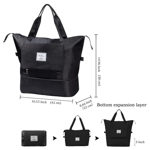 Large Capacity Travel Bag, Expandable Duffel Bag-Water-Resistant Foldable Carry-On with Wet/Dry Compartments | Large Capacity Travel Bag for Gym, Weekends & Overnight Trips (Black) - color: Black