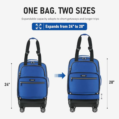Verage Foldable Rolling Duffel Bag with Wheels, Expandable Travel Luggage | Collapsible Luggage Bag,Expandable,Detachable Spinner Wheels - color: blue, size: Checked-In Pro (24-Inch Expands into 28-Inch)