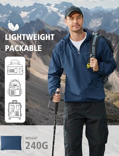 COOFANDY Men's Light Rain Jacket Packable Waterproof Raincoat Windbreaker - color: Navy Blue, size: X-Large