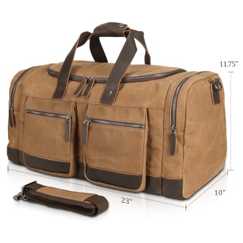 Polare 23” Waxed Canvas Cowhide Leather Waterproof Travel Duffel Bag Trim Luggage Weekender Overnight Carry on Hand Bag - color: Brown-23"