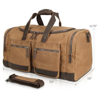 Polare 23” Waxed Canvas Cowhide Leather Waterproof Travel Duffel Bag Trim Luggage Weekender Overnight Carry on Hand Bag - color: Brown-23"