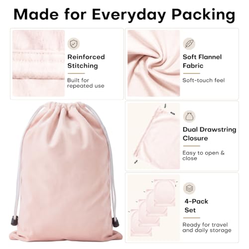 4 Pack Flannel Cloth Shoe Bags for Travel & Packing for Women & Men - color: Light Pink