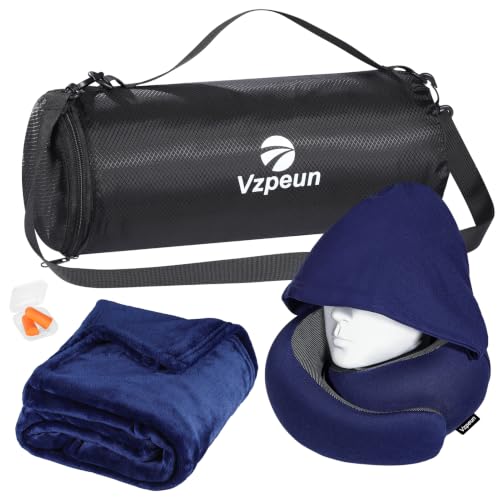 Travel Pillow and Blanket Set for Airplane, Hooded Memory Foam Neck Pillow - color: Navy
