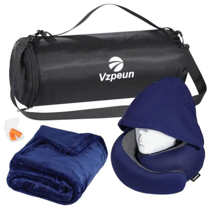 Travel Pillow and Blanket Set for Airplane, Hooded Memory Foam Neck Pillow - color: Navy