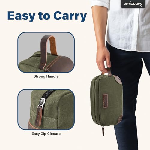 emissary Men's Canvas Travel Toiletry Bag, Leather Dopp Kit - Dark Green - color: Dark Green