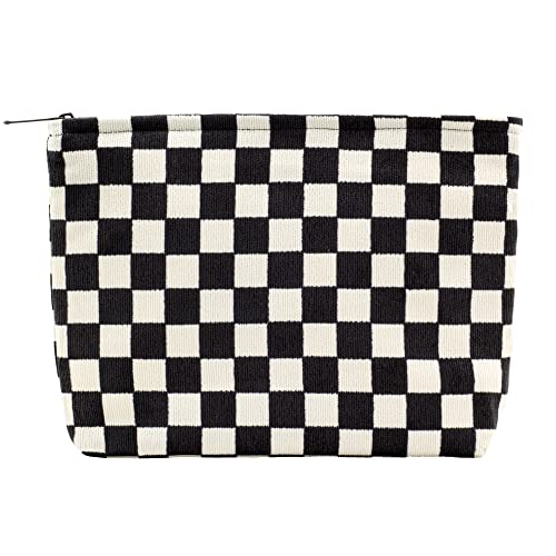 Flat Makeup Bag for Women,Zipper Cosmetic Pouch for Purse,Checkered Black - color: Checkered Black