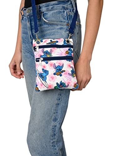 Disney Passport Bag Crossbody Mickey Minnie Eeyore Stitch Cheshire Print - color: Blue Pink