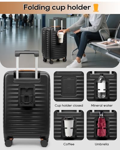 Joyway 20 Inch Carry On Luggage with Front Pocket and Cup Holder, Black - color: Black, size: 20 Inch
